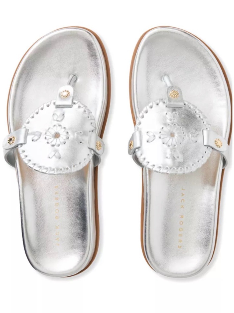 Jack Rogers women’s Collins Metallic Silver Medallion Sandals, NWT in box